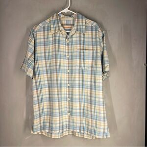 Tommy Bahama Shirt Mens Small Blue Gray Plaid Short Sleeve Button Up 100% Silk